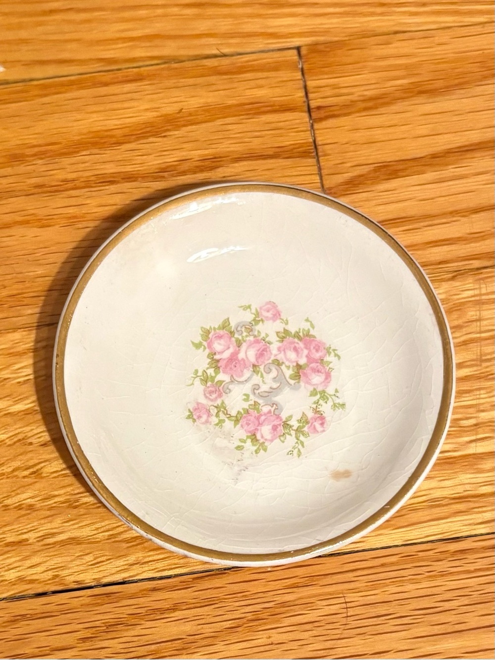 Butter Pat with Pink Floral Design and Gold Rim